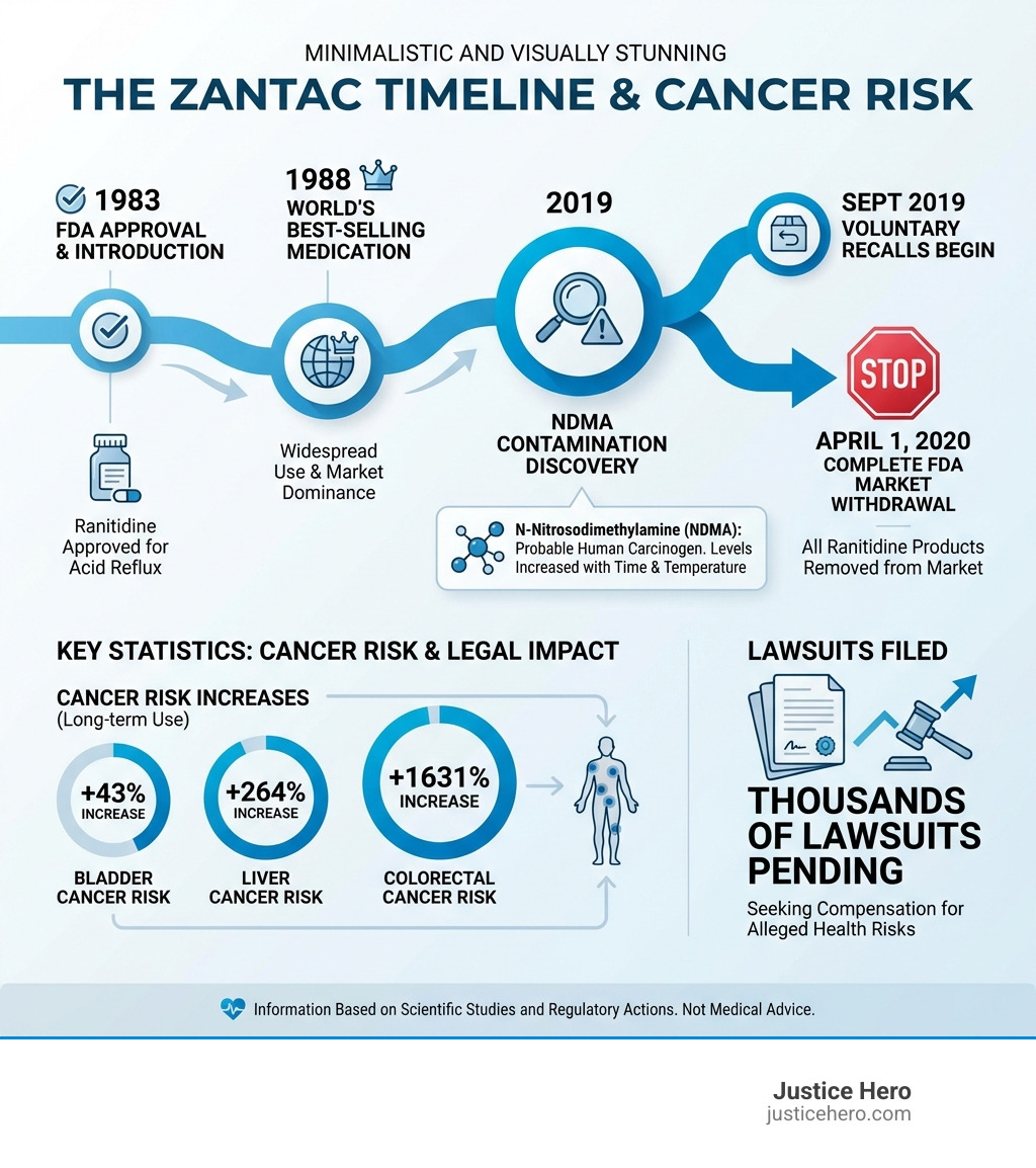 Infographic showing the timeline of Zantac from 1983 FDA approval through widespread use as the world's best-selling medication in 1988, the discovery of NDMA contamination in 2019, voluntary recalls beginning September 2019, and the complete FDA market withdrawal on April 1, 2020, with key statistics on cancer risk increases and the number of lawsuits filed - Zantac heartburn cancer infographic 