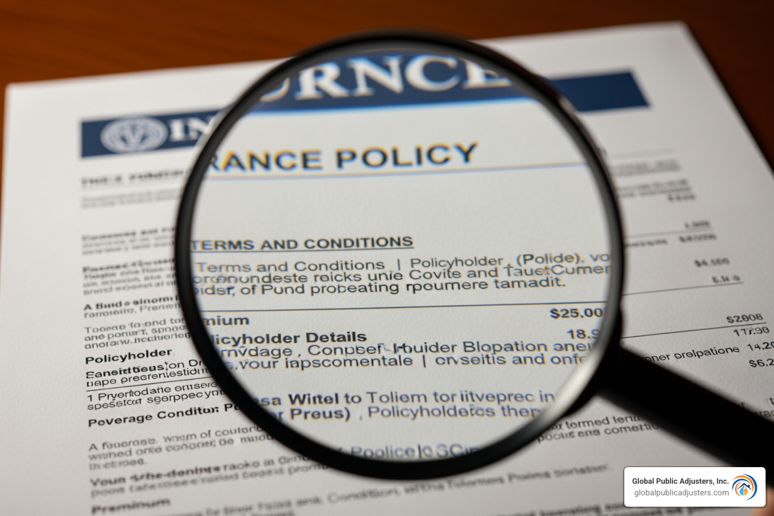 magnifying glass over an insurance policy document - homeowners insurance denied claim