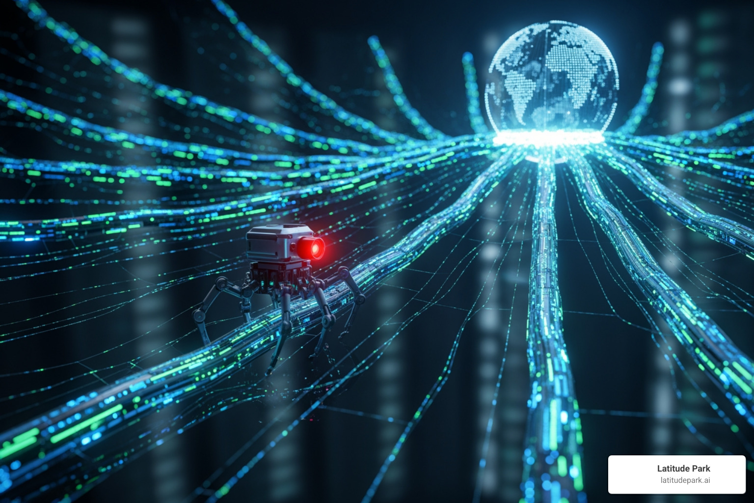 spider web representing the internet with a bot crawling it - how do search engines rank web pages