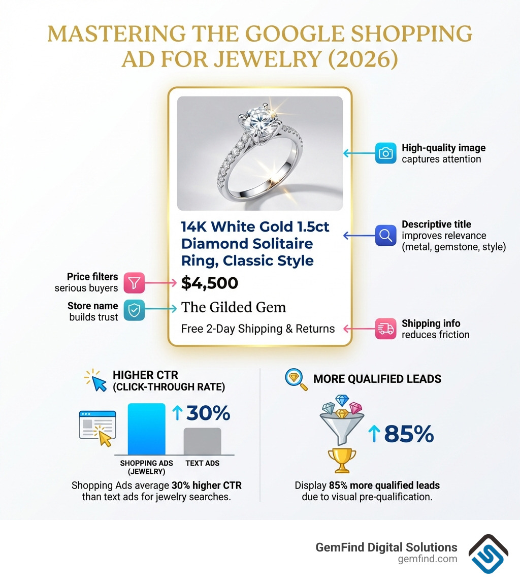 Infographic showing the anatomy of a Google Shopping Ad for jewelry: product image at top, product title with key attributes (metal type, gemstone, style), price displayed prominently, store name for brand recognition, and shipping information. Arrows point to each element with labels explaining why it matters: 'High-quality image captures attention,' 'Descriptive title improves relevance,' 'Price filters serious buyers,' 'Store name builds trust,' 'Shipping info reduces friction.' Bottom shows comparison metrics: Shopping Ads average 30% higher CTR than text ads for jewelry searches, and display 85% more qualified leads due to visual pre-qualification. - google shopping ads for jewelry stores infographic 