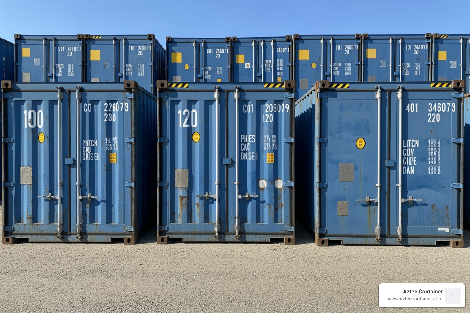 Side-by-side comparison of 10 foot, 20 foot, and 40 foot steel commercial storage containers - commercial storage container rental