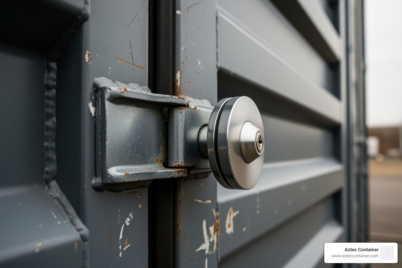 Close-up of a secure disc lock on a heavy-duty steel commercial storage container door - commercial storage container rental
