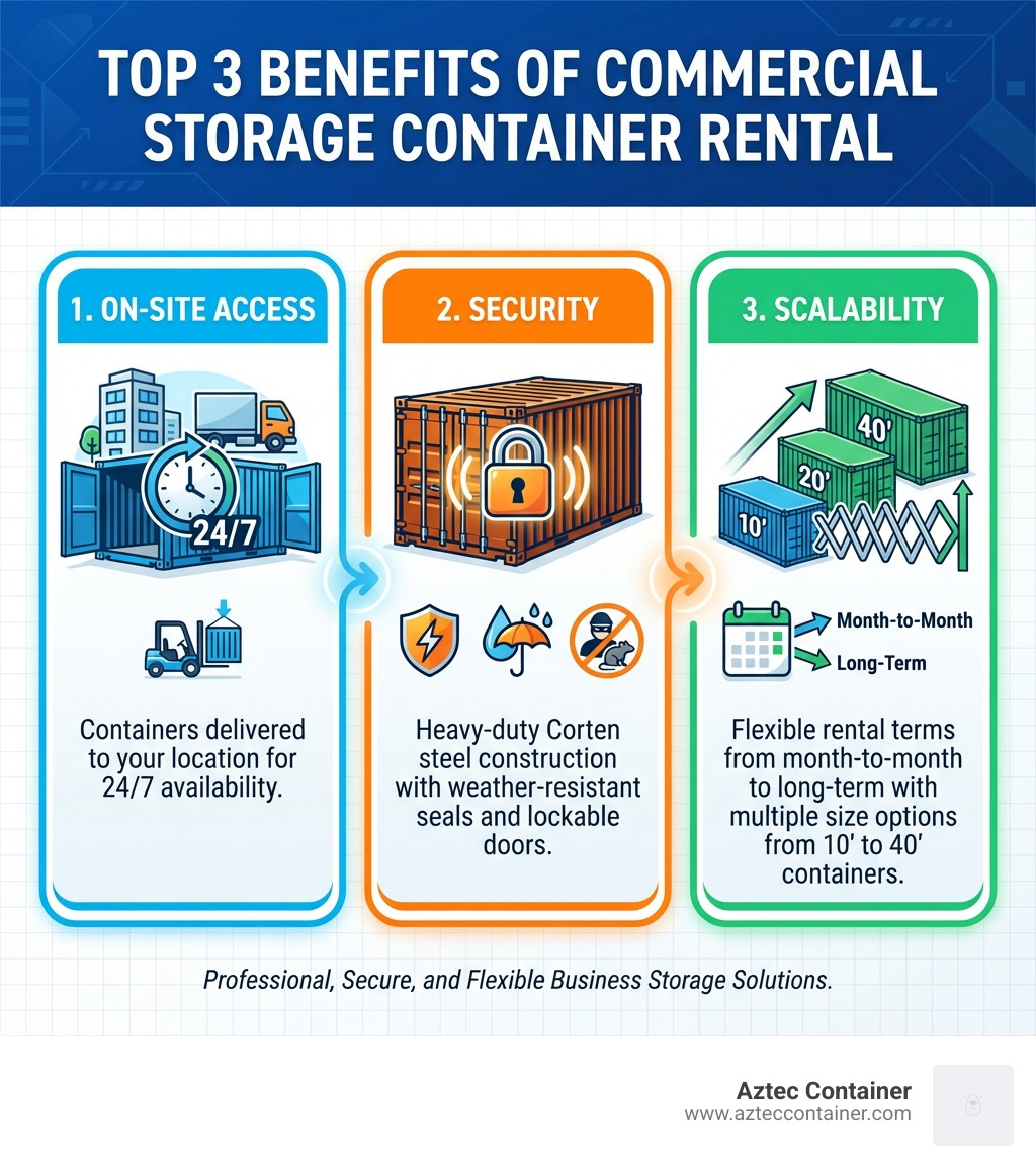 Infographic showing the top 3 benefits of commercial storage container rental: 1. On-Site Access - containers delivered to your location for 24/7 availability, 2. Security - heavy-duty Corten steel construction with weather-resistant seals and lockable doors, 3. Scalability - flexible rental terms from month-to-month to long-term with multiple size options from 10' to 40' containers - commercial storage container rental infographic 