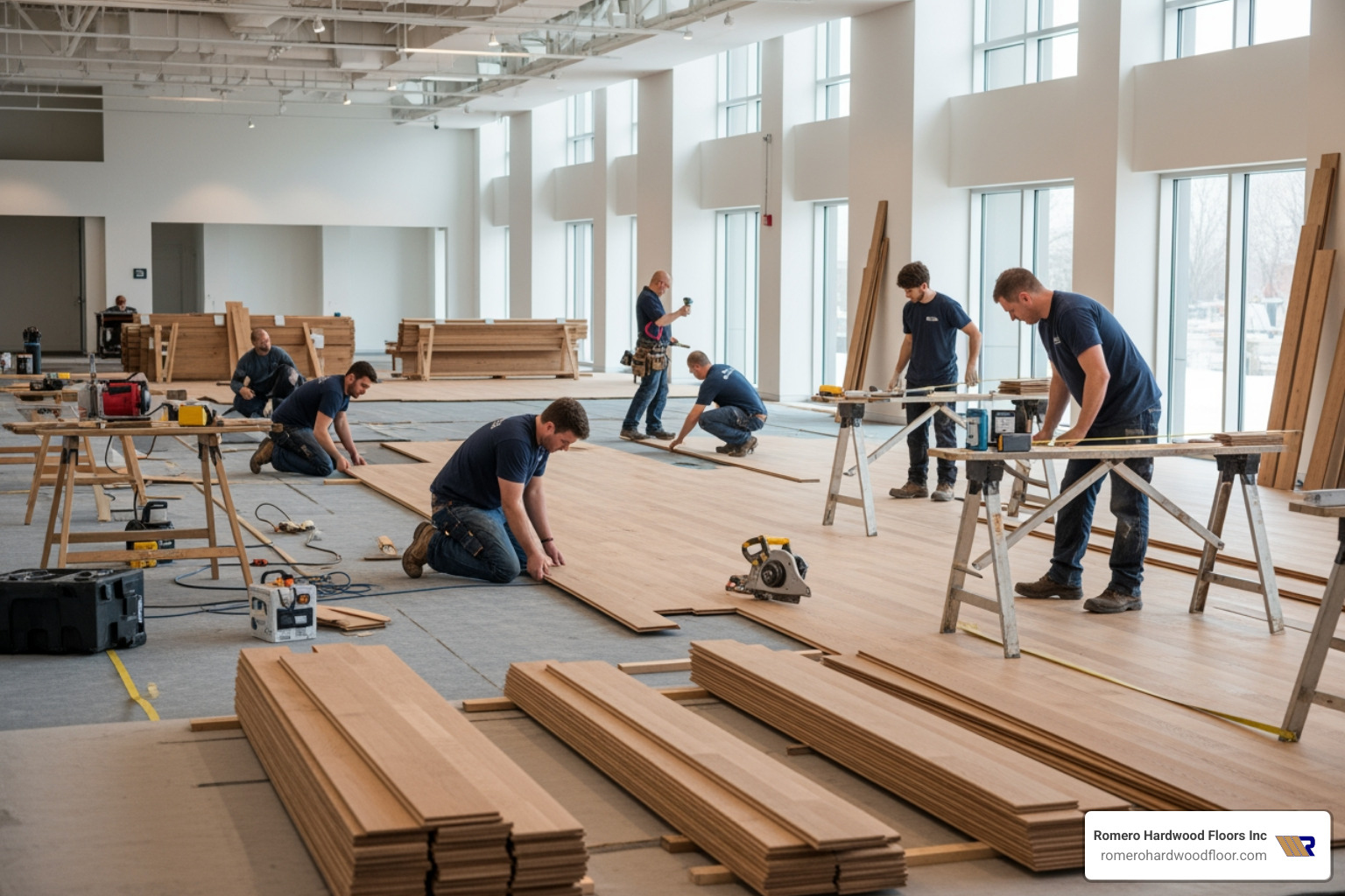 professional team installing hardwood planks in a large commercial space - Commercial hardwood flooring contractor