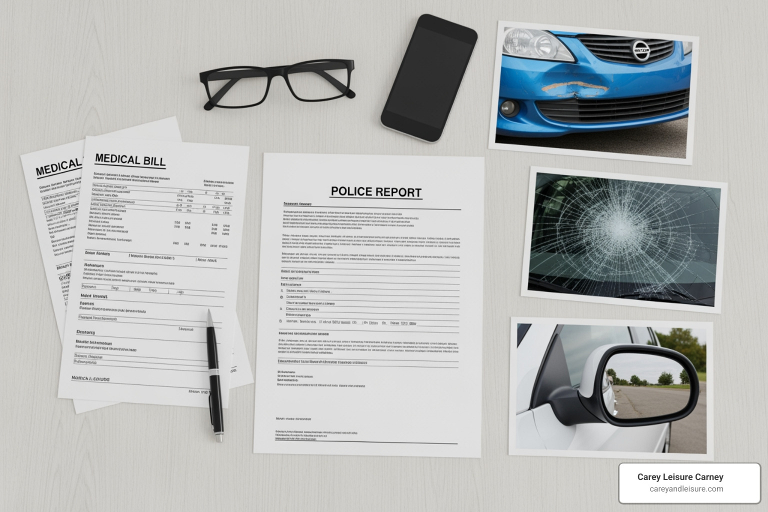 Collection of evidence: police report, medical bills, and photos of car damage - Injured in car