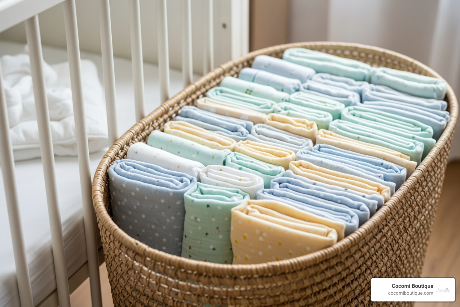 swaddles neatly arranged in a woven basket next to a crib - how to organize swaddle blankets