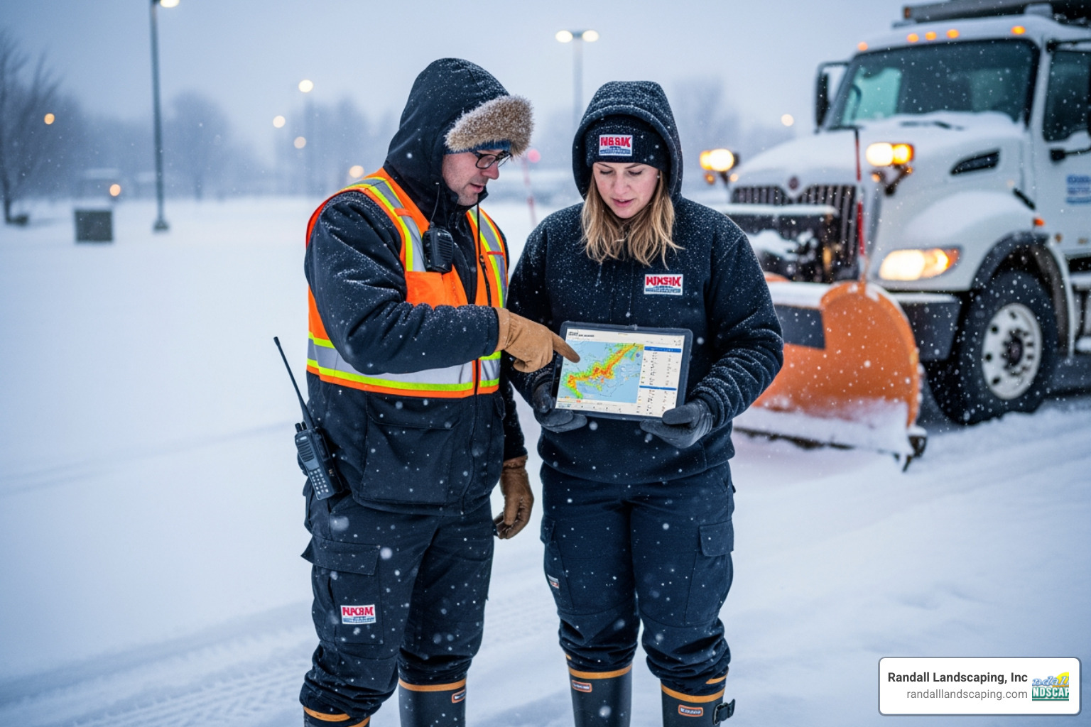 image of a snow removal team coordinating with tablets showing weather maps - Professional snow plowing