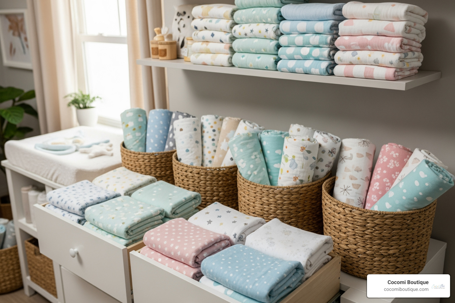 swaddle blankets organized in nursery - how to organize swaddle blankets