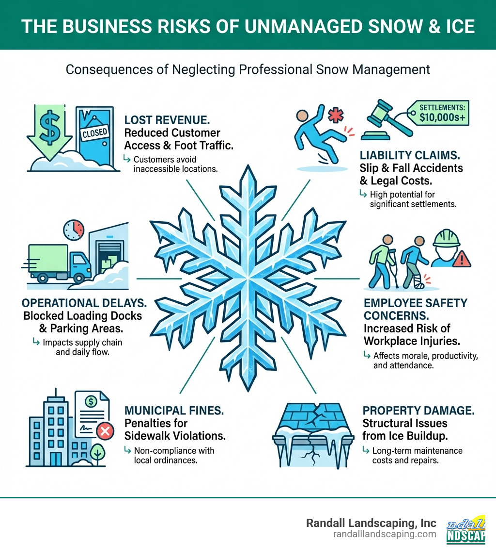 infographic showing the risks of unmanaged snow and ice for businesses including lost revenue from reduced customer access, liability claims from slip and fall accidents averaging tens of thousands in settlements, operational delays from blocked loading docks and parking areas, employee safety concerns, potential municipal fines for sidewalk violations, and property damage from ice buildup - Professional snow plowing infographic 