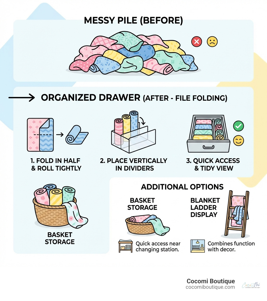 infographic showing step-by-step comparison of messy swaddle pile versus organized swaddles using file folding method in drawer with dividers, plus basket storage and blanket ladder display options - how to organize swaddle blankets infographic 