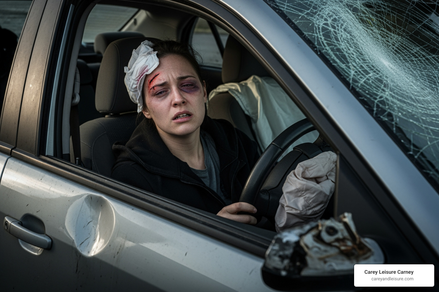 Person taking photo of license plate and insurance card with smartphone at accident scene - Injured in car