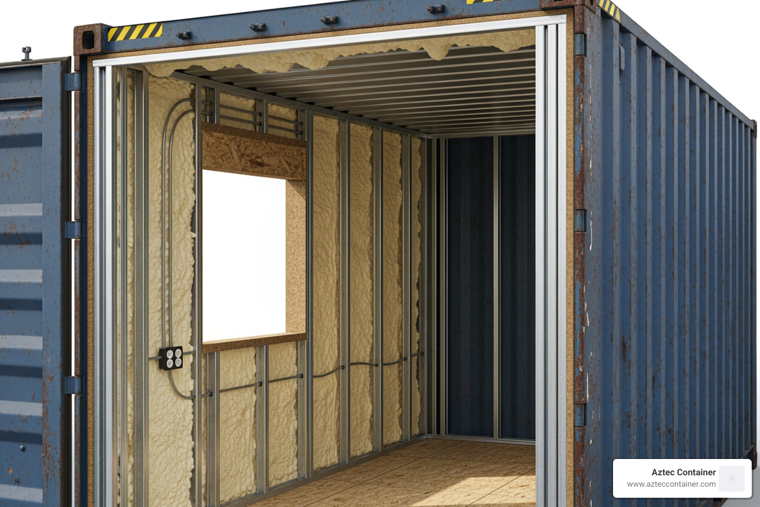 cutaway view of a container with labels pointing to different modifications like insulation, electrical wiring, and a window frame - shipping container modifications