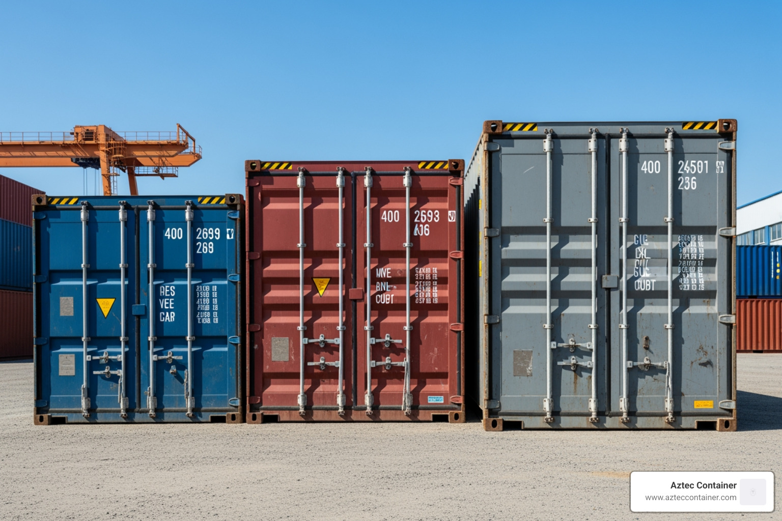 different shipping container sizes (20ft, 40ft, and a 40ft High Cube) side-by-side in a yard - shipping container modifications