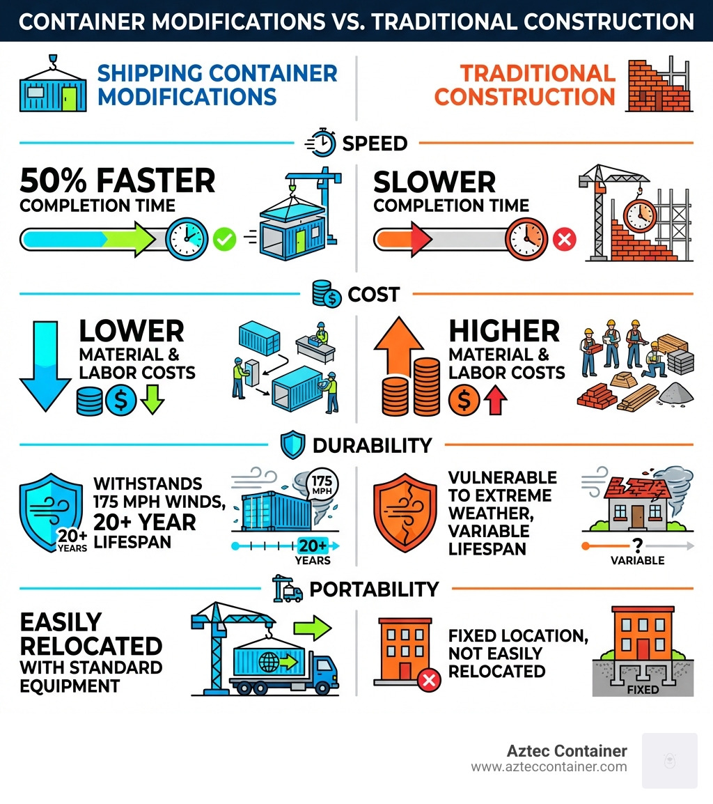 Infographic comparing shipping container modifications to traditional construction: Speed (50% faster completion time), Cost (lower material and labor costs), Durability (withstands 175 mph winds, 20+ year lifespan), and Portability (easily relocated with standard equipment) - shipping container modifications infographic 