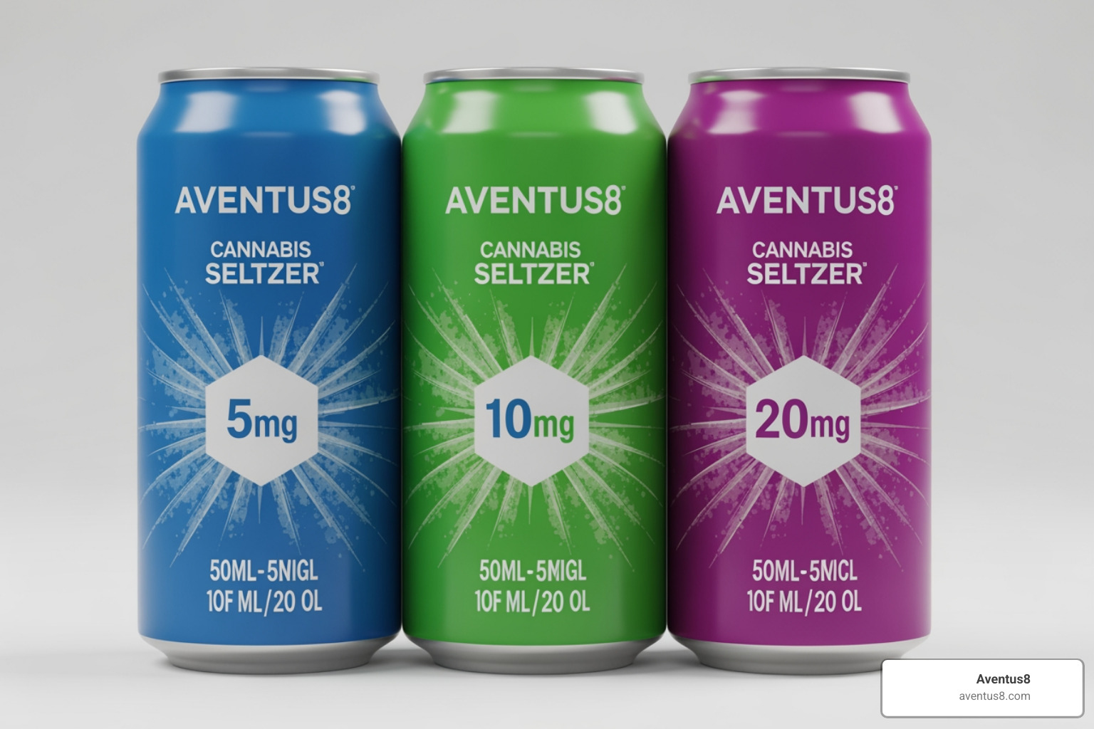 three different colored Aventus8 cannabis seltzer cans representing different strengths - delta cannabis water