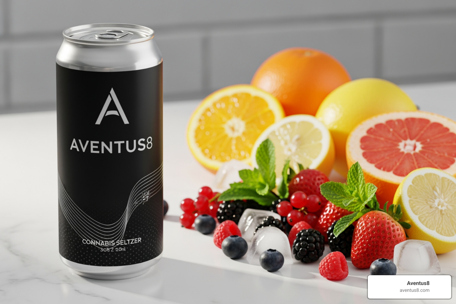 sleek Aventus8 cannabis seltzer can next to fresh fruit - delta cannabis water