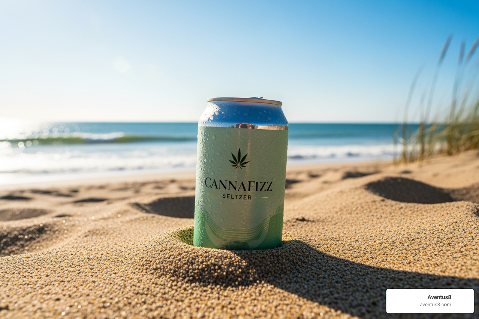 cannabis seltzer on sunny beach - delta cannabis water