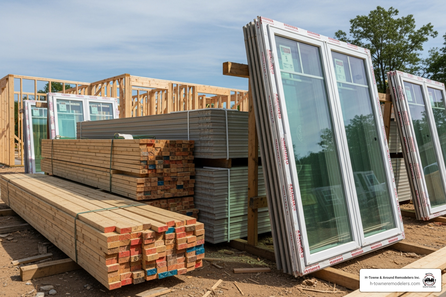 Various building materials like lumber, siding, and windows on a job site - 10x10 room addition cost