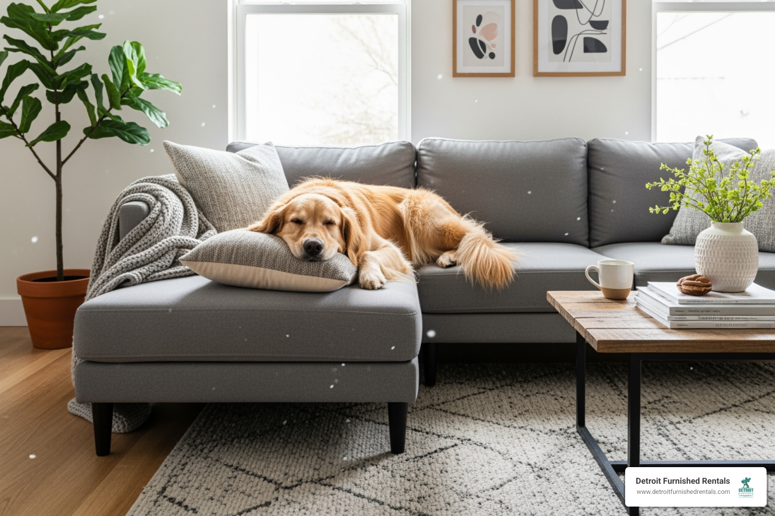 dog relaxing in a modern, pet-friendly living room - Corporate housing Detroit MI