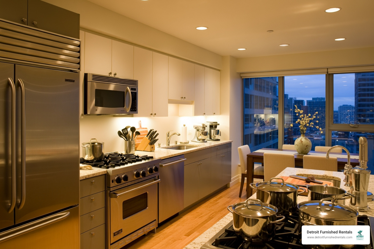 fully equipped kitchen in a corporate apartment - Corporate housing Detroit MI