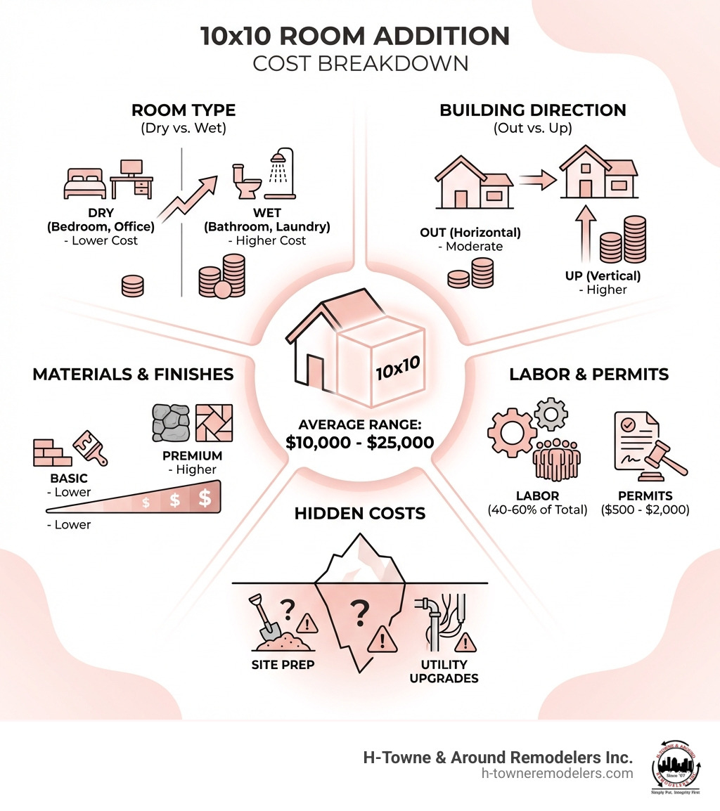 Infographic showing 10x10 room addition cost breakdown: average range $10,000-$25,000, key factors including room type (dry vs wet), building direction (out vs up), materials and finishes, labor and permits, and hidden costs like site prep and utility upgrades - 10x10 room addition cost infographic 