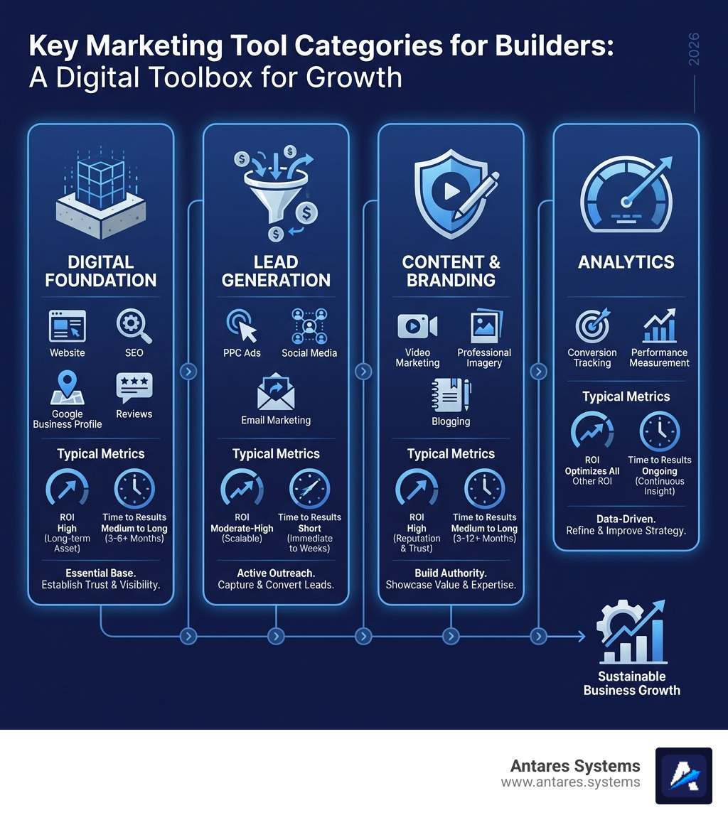 Infographic showing the four key categories of marketing tools for builders: Digital Foundation (website, SEO, Google Business Profile, reviews), Lead Generation (PPC ads, social media, email marketing), Content & Branding (video marketing, professional imagery, blogging), and Analytics (conversion tracking, performance measurement). Each category shows typical ROI and time to results. - marketing tools for builders infographic Infographic showing the four key categories of marketing tools for builders: Digital Foundation (website, SEO, Google Business Profile, reviews), Lead Generation (PPC ads, social media, email marketing), Content & Branding (video marketing, professional imagery, blogging), and Analytics (conversion tracking, performance measurement). Each category shows typical ROI and time to results. - marketing tools for builders infographic
