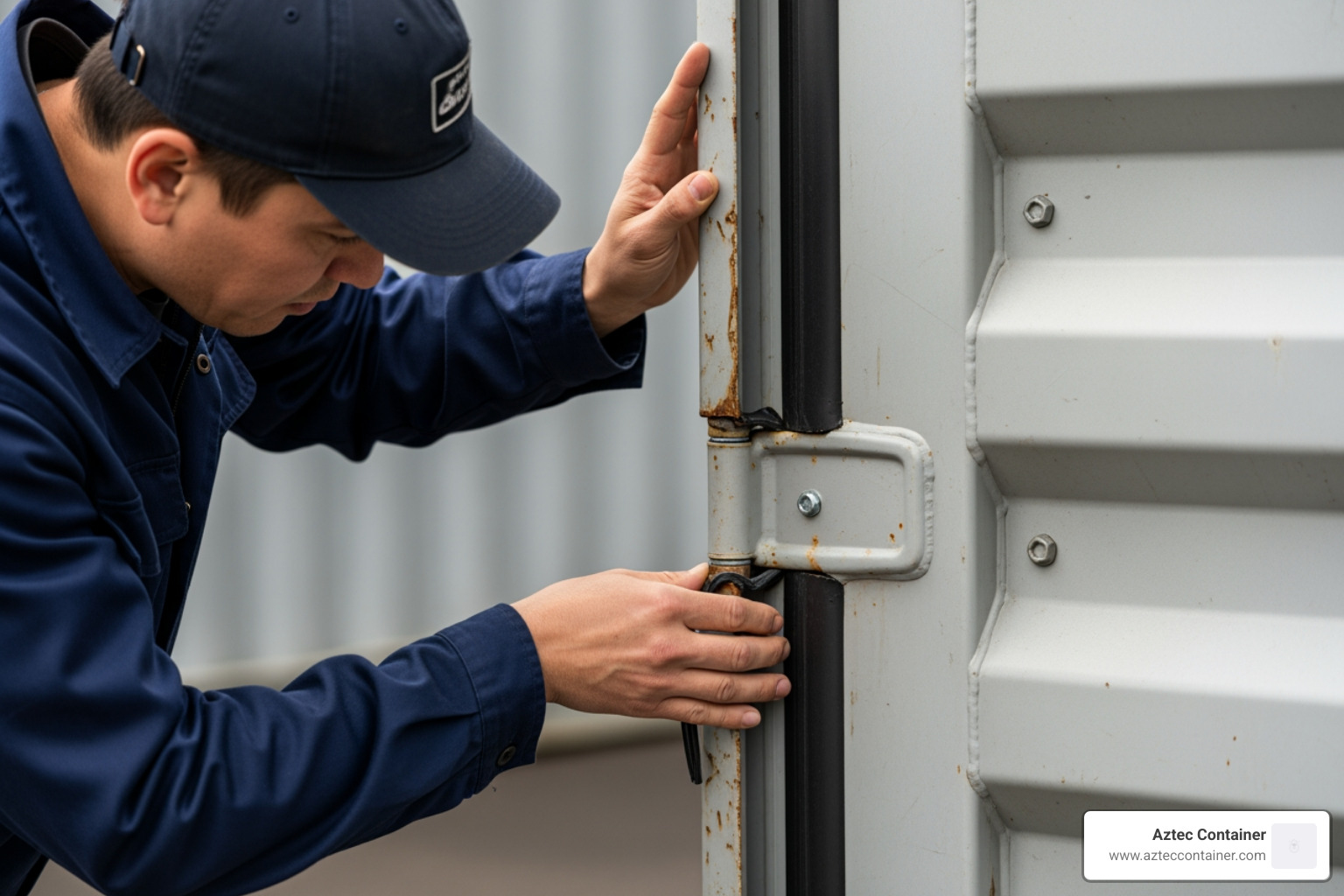 person inspecting the corner casting and seals of a used container - second hand office container for sale