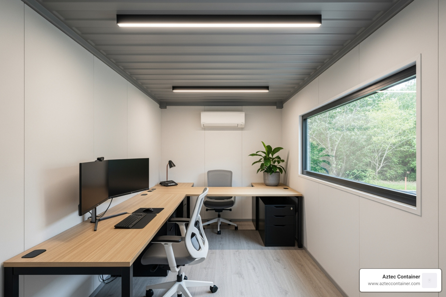 interior of a finished container office with drywall, lighting, and a desk - second hand office container for sale