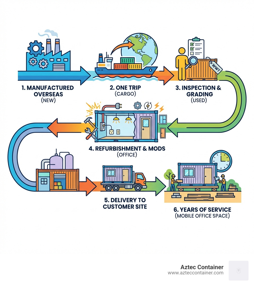 Infographic showing the lifecycle of a shipping container: manufactured overseas, one trip to North America carrying cargo, inspection and grading as used container, refurbishment with office modifications including doors and windows and electrical, delivery to customer site, and years of service as mobile office space - second hand office container for sale infographic 