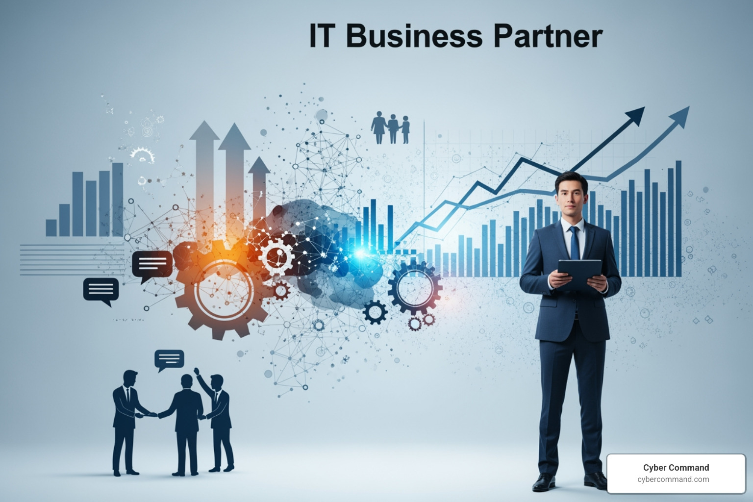 Word cloud highlighting key skills for an IT Business Partner: Communication, Business Acumen, Strategic Thinking, Leadership, Problem-Solving, Relationship Building, Technical Proficiency, Change Management, Negotiation - IT business partner