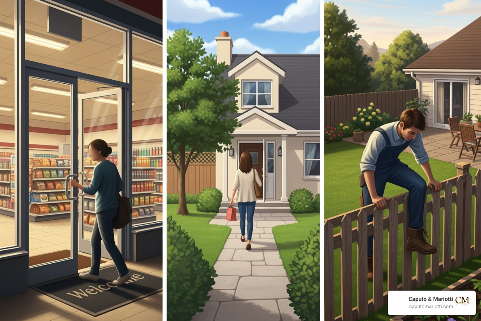 illustration of different types of visitors on a property - premises liability slip and fall illustration of different types of visitors on a property - premises liability slip and fall