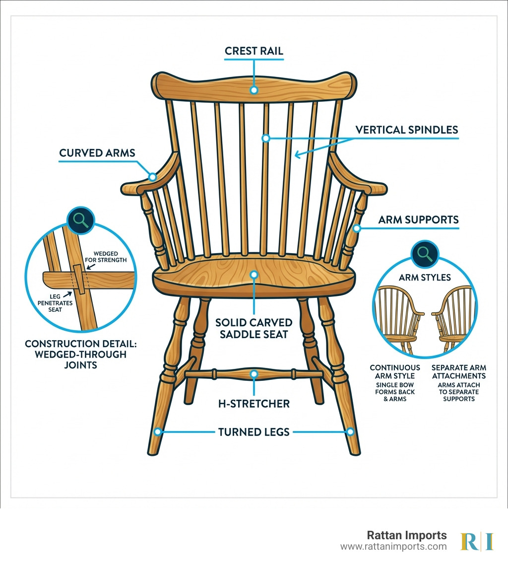 Infographic showing the anatomy of an oak Windsor armchair: labeled diagram highlighting the crest rail at top, vertical spindles forming the back, curved arms attached to arm supports, the solid carved saddle seat in the center, turned legs with decorative rings, and H-stretcher connecting the legs for stability. Additional callouts show construction details like wedged-through joints where legs penetrate the seat, and the difference between continuous arm style versus separate arm attachments. - oak windsor chairs with arms infographic Infographic showing the anatomy of an oak Windsor armchair: labeled diagram highlighting the crest rail at top, vertical spindles forming the back, curved arms attached to arm supports, the solid carved saddle seat in the center, turned legs with decorative rings, and H-stretcher connecting the legs for stability. Additional callouts show construction details like wedged-through joints where legs penetrate the seat, and the difference between continuous arm style versus separate arm attachments. - oak windsor chairs with arms infographic