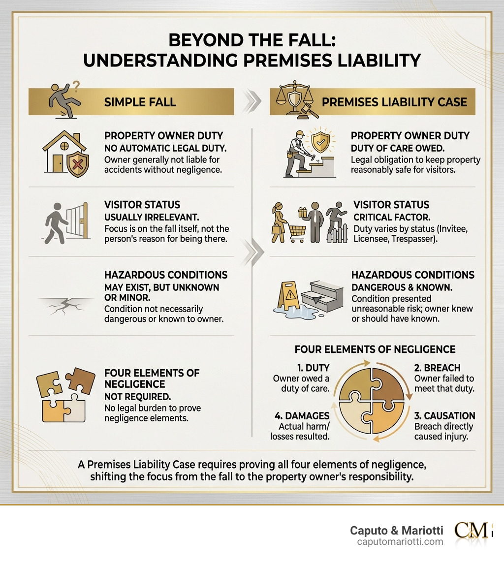 infographic showing the key differences between a simple fall and a premises liability case, including property owner duty, visitor status, hazardous conditions, and the four elements of negligence - premises liability slip and fall infographic infographic showing the key differences between a simple fall and a premises liability case, including property owner duty, visitor status, hazardous conditions, and the four elements of negligence - premises liability slip and fall infographic