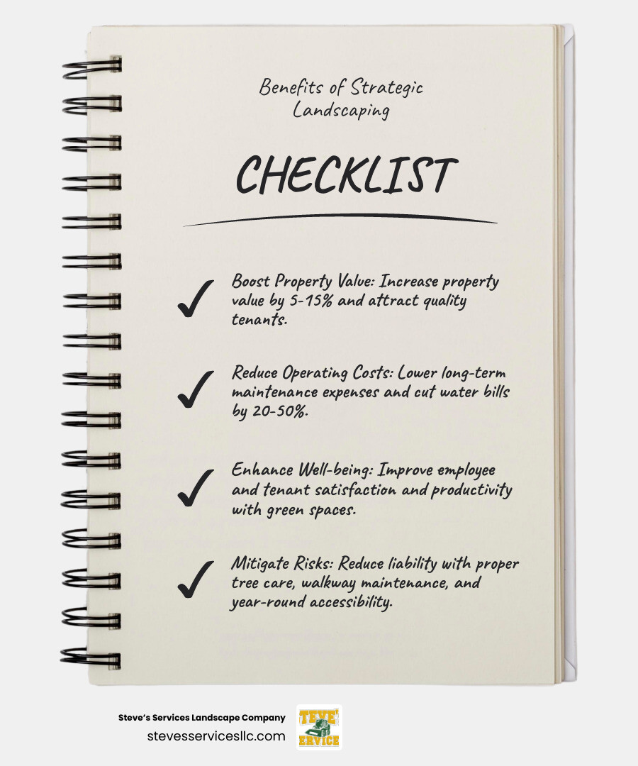 Infographic showing the key benefits of professional commercial landscaping: Enhanced curb appeal and first impressions increase property value by 5-15%; Strategic landscape design attracts quality tenants and customers; Regular professional maintenance reduces long-term costs through preventive care; Sustainable practices lower water bills by 20-50% annually; Well-designed outdoor spaces improve employee satisfaction and productivity; Proper tree care and walkway maintenance reduce liability risks; Year-round services including snow management ensure property accessibility; Technology integration provides real-time property monitoring and reporting - corporate landscaping companies infographic checklist-notebook