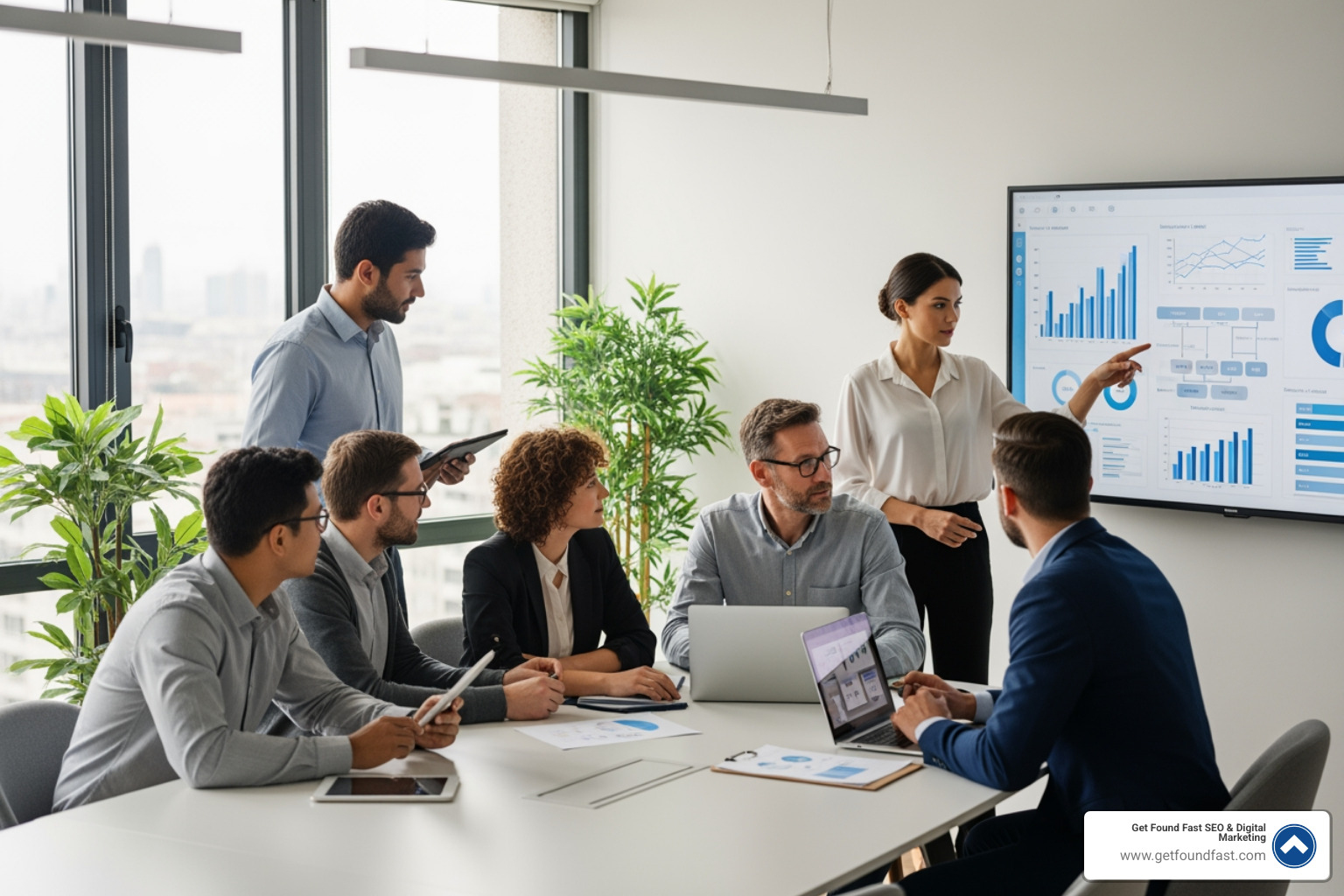 image of a diverse team collaborating and strategizing in an office environment - monitoring online reputation