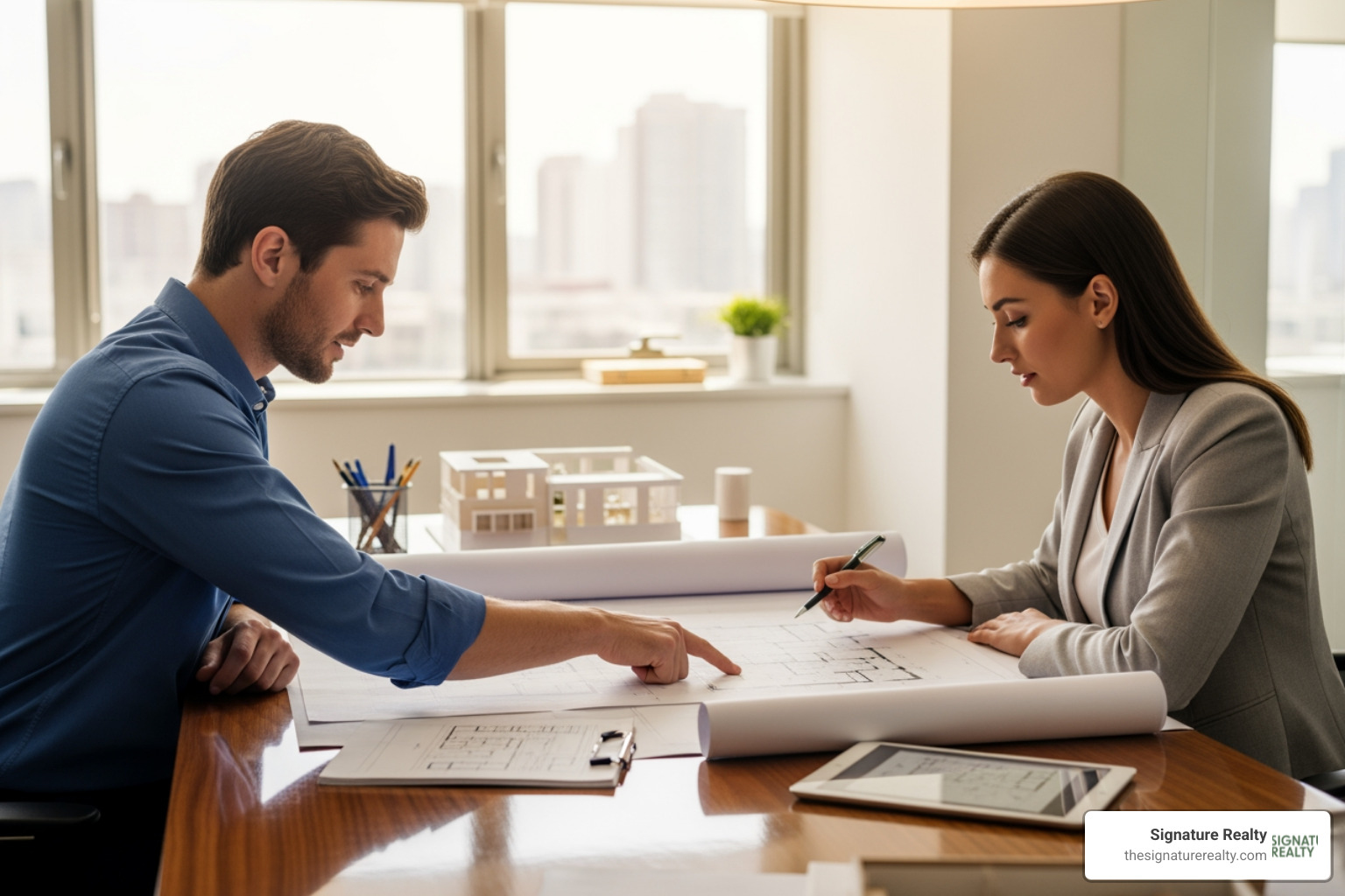 A professional agent reviewing blueprints with a client - commercial real estate agents in miami A professional agent reviewing blueprints with a client - commercial real estate agents in miami