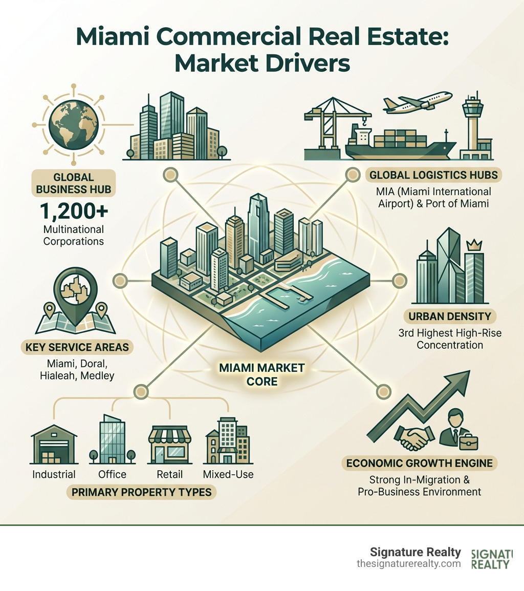 Infographic showing Miami commercial real estate market drivers: 1,200+ multinational corporations, Miami International Airport and Port of Miami logistics hubs, third-highest concentration of high-rise buildings, strong in-migration and pro-business environment, key service areas including Miami, Doral, Hialeah, and Medley, and primary property types: industrial, office, retail, and mixed-use - commercial real estate agents in miami infographic Infographic showing Miami commercial real estate market drivers: 1,200+ multinational corporations, Miami International Airport and Port of Miami logistics hubs, third-highest concentration of high-rise buildings, strong in-migration and pro-business environment, key service areas including Miami, Doral, Hialeah, and Medley, and primary property types: industrial, office, retail, and mixed-use - commercial real estate agents in miami infographic