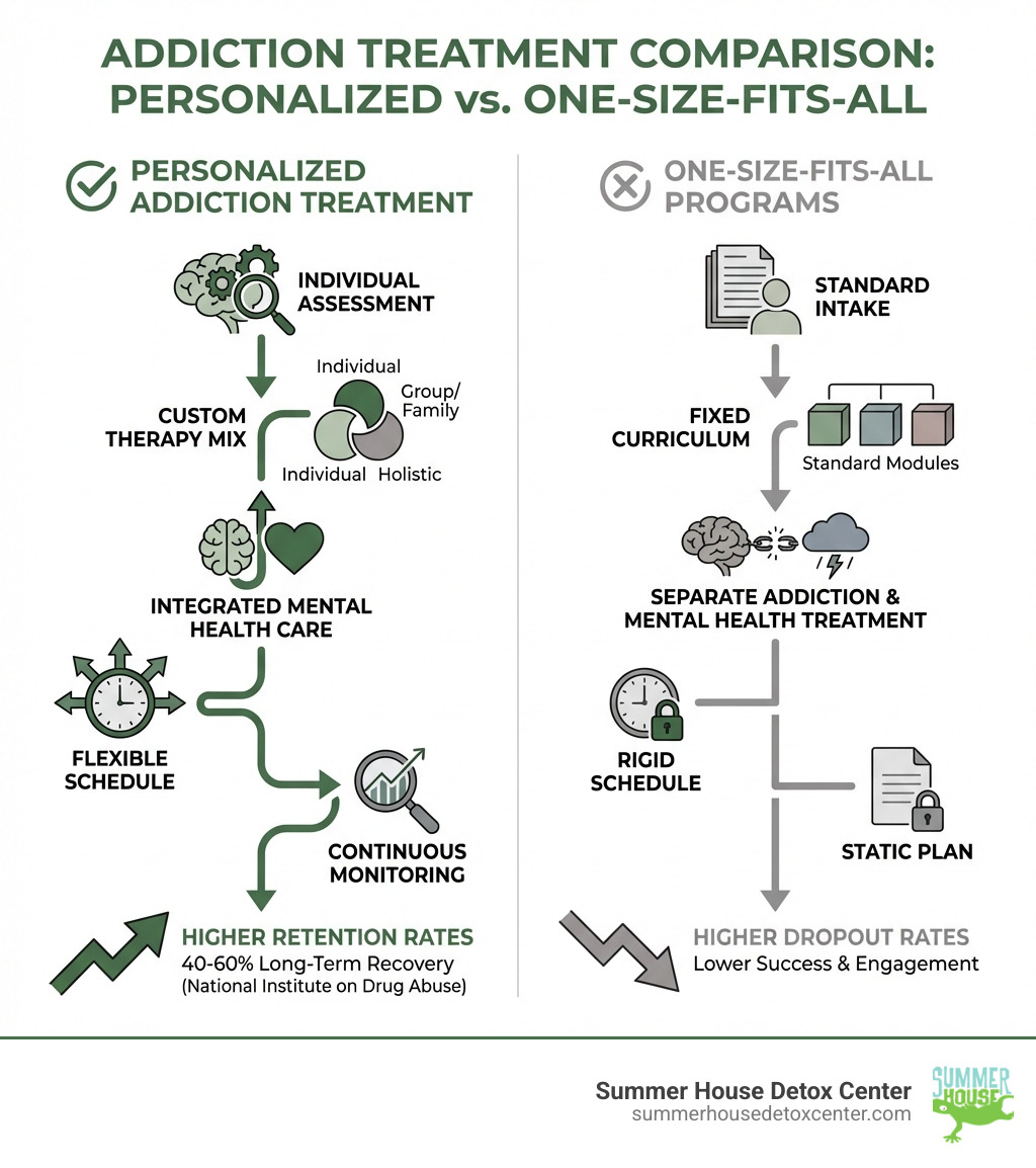 Infographic comparing personalized addiction treatment and one-size-fits-all programs: Personalized shows individual assessment leading to custom therapy mix, integrated mental health care, flexible schedule, and continuous monitoring with higher retention rates; One-size-fits-all shows standard intake, fixed curriculum, separate addiction and mental health treatment, rigid schedule, and static plan with higher dropout rates - personalized addiction treatment infographic 