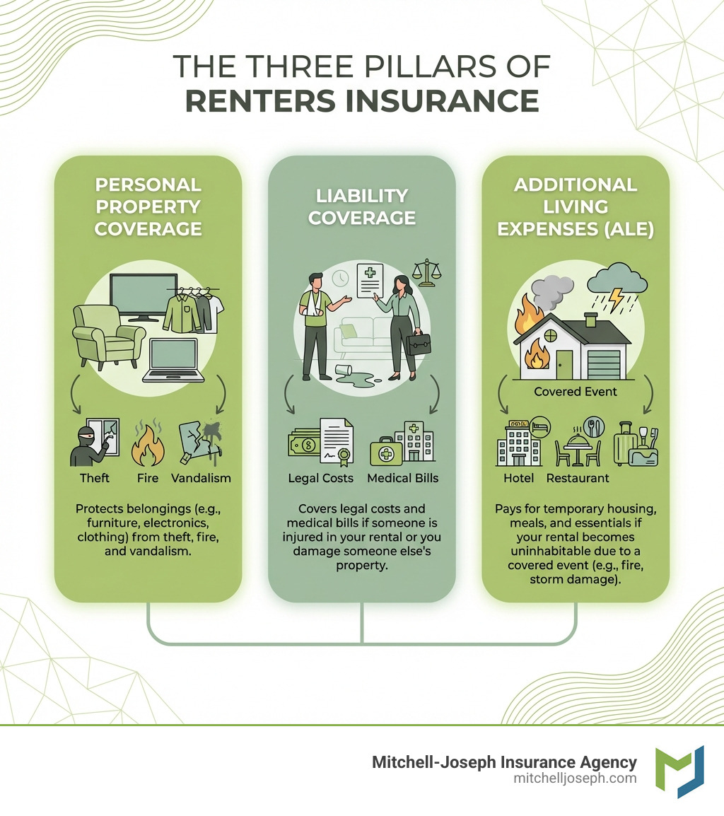 Infographic showing the three pillars of renters insurance: Personal Property Coverage (protects belongings like furniture, electronics, and clothing from theft, fire, and vandalism), Liability Coverage (covers legal costs and medical bills if someone is injured in your rental or you damage someone else's property), and Additional Living Expenses or ALE (pays for temporary housing, meals, and essentials if your rental becomes uninhabitable due to a covered event like fire or storm damage) - rochester renters insurance infographic Infographic showing the three pillars of renters insurance: Personal Property Coverage (protects belongings like furniture, electronics, and clothing from theft, fire, and vandalism), Liability Coverage (covers legal costs and medical bills if someone is injured in your rental or you damage someone else's property), and Additional Living Expenses or ALE (pays for temporary housing, meals, and essentials if your rental becomes uninhabitable due to a covered event like fire or storm damage) - rochester renters insurance infographic