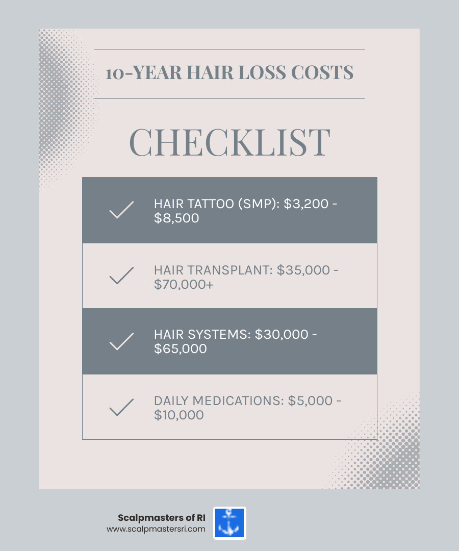 Infographic comparing the 10-year costs of various hair loss solutions, including Hair Tattoo (SMP), Hair Transplant Surgery, Hair Systems, and Daily Medications, highlighting SMP as a cost-effective long-term solution. - hair tattoo cost infographic checklist-light-blue-grey Infographic comparing the 10-year costs of various hair loss solutions, including Hair Tattoo (SMP), Hair Transplant Surgery, Hair Systems, and Daily Medications, highlighting SMP as a cost-effective long-term solution. - hair tattoo cost infographic checklist-light-blue-grey