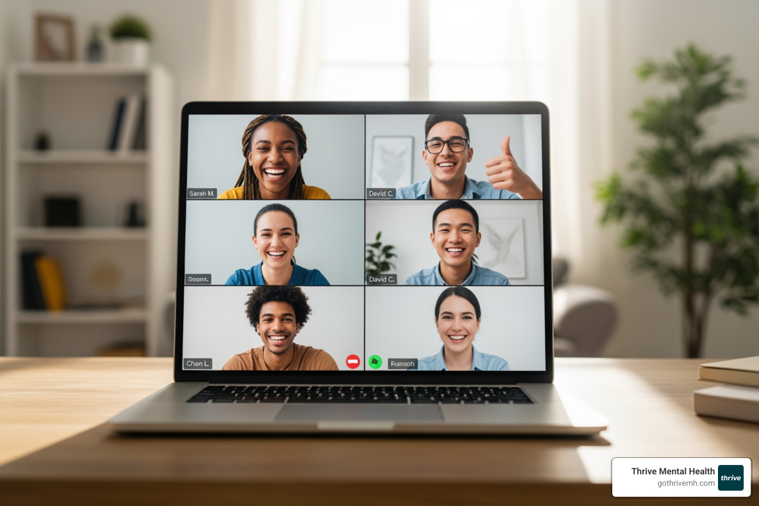 Diverse group of young adults and teens engaged in a virtual group therapy session, smiling and interacting on screen - online mental health iop