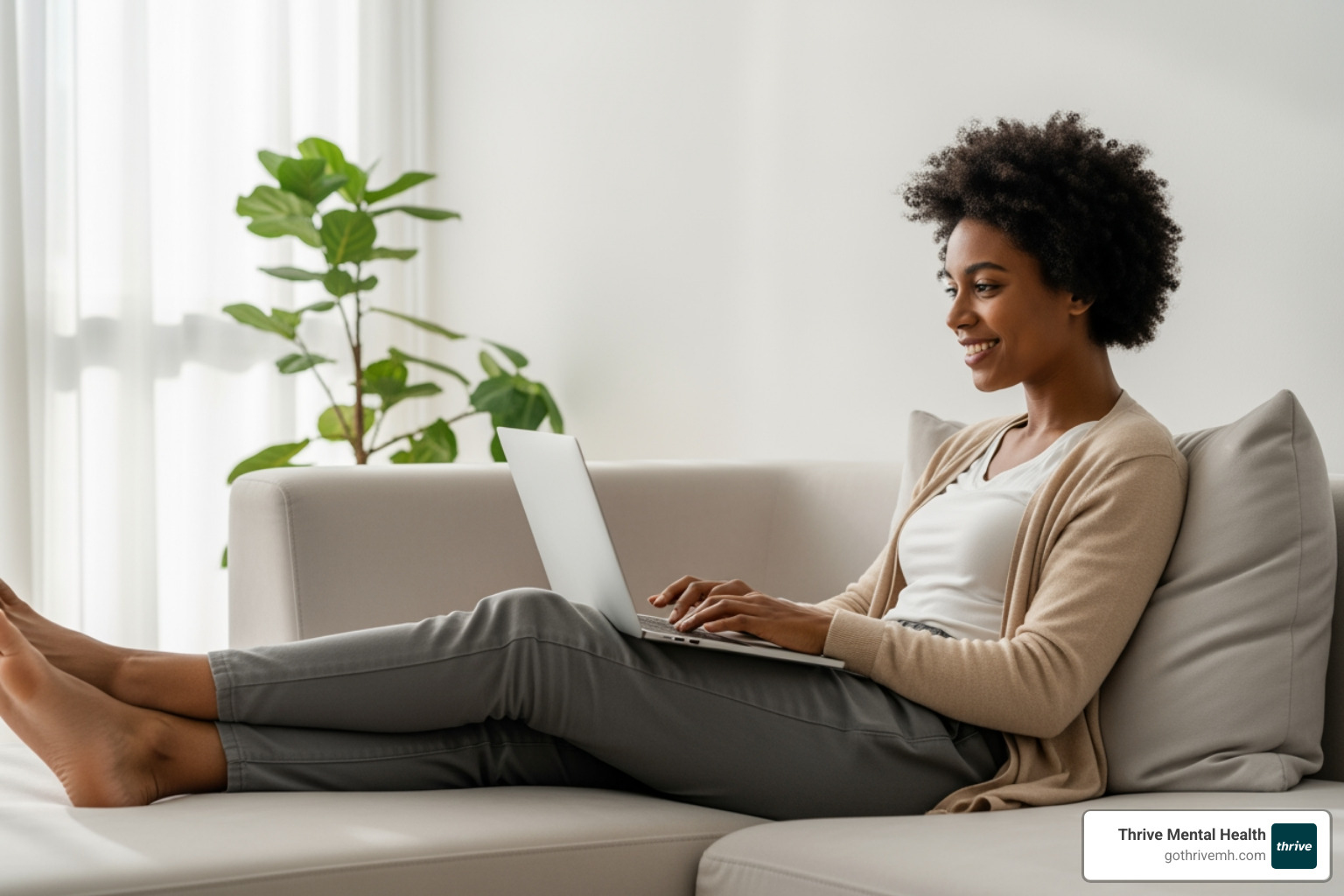 Person relaxed on a modern, minimalist couch, using a laptop for a virtual therapy session, bathed in natural light - online mental health iop