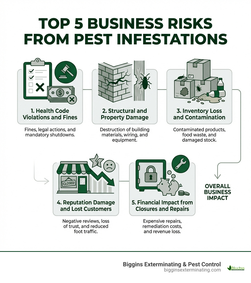 Infographic showing the top 5 business risks from pest infestations: 1. Health Code Violations and Fines 2. Structural and Property Damage 3. Inventory Loss and Contamination 4. Reputation Damage and Lost Customers 5. Financial Impact from Closures and Repairs - Commercial pest control Burlington infographic 