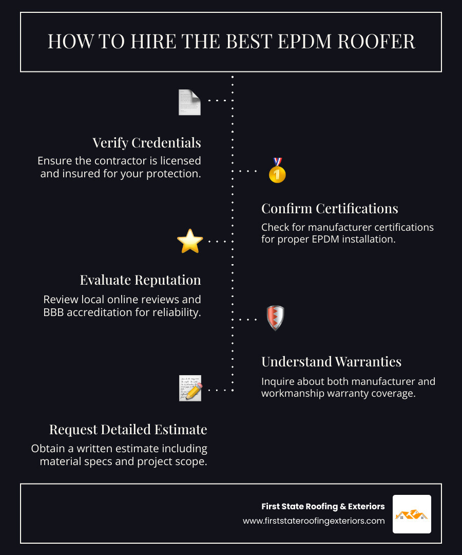 Infographic showing the 5 key steps to hiring the best EPDM roofer: verify licensing and insurance, confirm manufacturer certifications, check local reviews and BBB accreditation, ask about warranty coverage, and request a detailed written estimate with material specifications - epdm roofer near me infographic infographic-line-5-steps-dark Infographic showing the 5 key steps to hiring the best EPDM roofer: verify licensing and insurance, confirm manufacturer certifications, check local reviews and BBB accreditation, ask about warranty coverage, and request a detailed written estimate with material specifications - epdm roofer near me infographic infographic-line-5-steps-dark