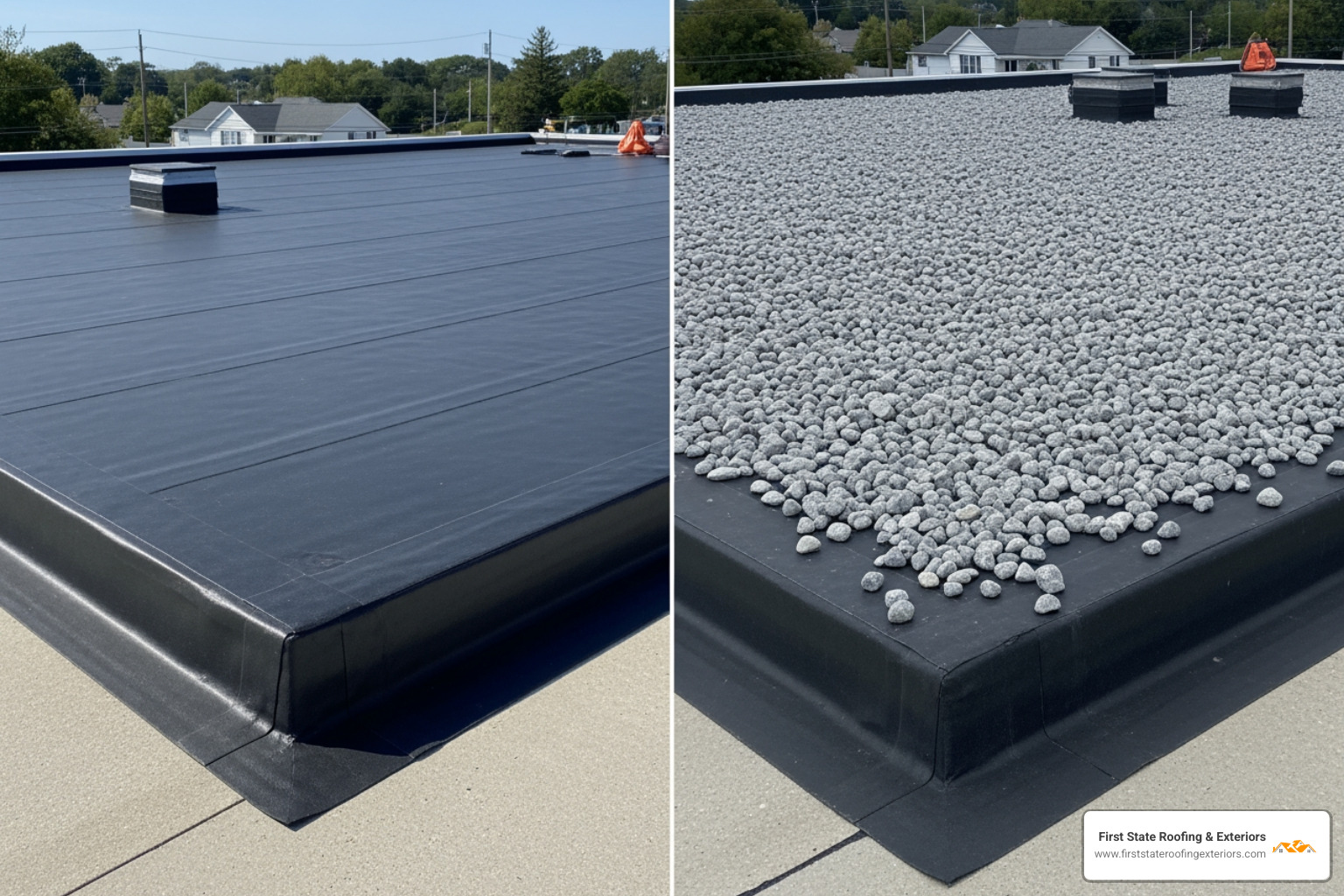 Visual difference between ballasted and fully adhered EPDM roof - epdm roofer near me Visual difference between ballasted and fully adhered EPDM roof - epdm roofer near me