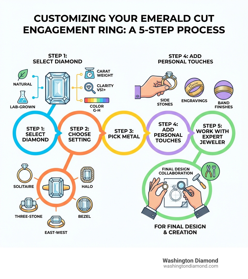 Infographic showing the customization process for emerald cut engagement rings: Step 1 - Select diamond type and specifications (natural vs lab-grown, carat weight, clarity VS1+, color G-H), Step 2 - Choose setting style (solitaire, halo, three-stone, bezel, East-West), Step 3 - Pick metal type (platinum, white gold, yellow gold, rose gold), Step 4 - Add personal touches (side stones, engravings, band finishes), Step 5 - Work with expert jeweler for final design - custom emerald cut engagement rings infographic Infographic showing the customization process for emerald cut engagement rings: Step 1 - Select diamond type and specifications (natural vs lab-grown, carat weight, clarity VS1+, color G-H), Step 2 - Choose setting style (solitaire, halo, three-stone, bezel, East-West), Step 3 - Pick metal type (platinum, white gold, yellow gold, rose gold), Step 4 - Add personal touches (side stones, engravings, band finishes), Step 5 - Work with expert jeweler for final design - custom emerald cut engagement rings infographic