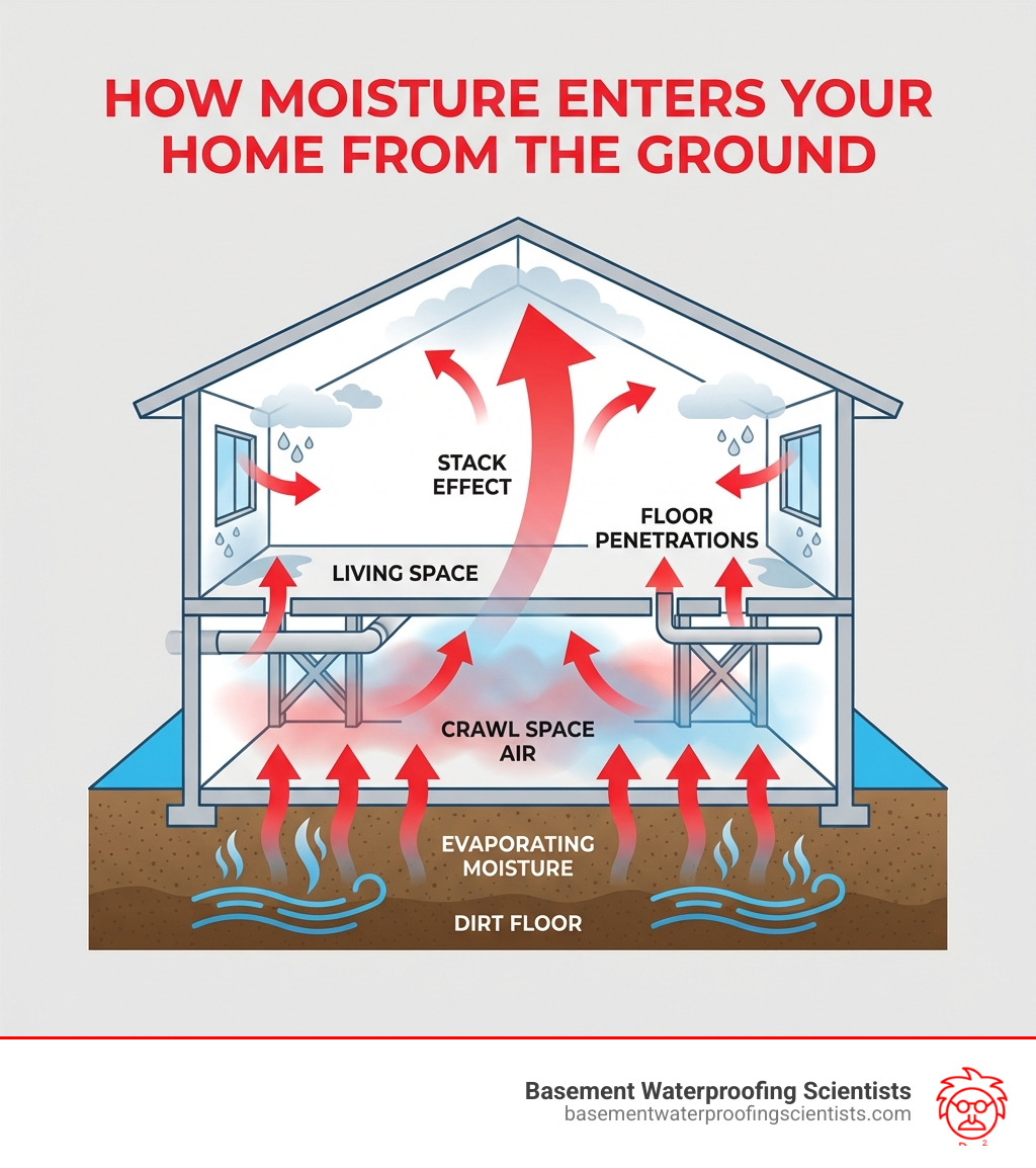 infographic showing how ground moisture evaporates through dirt floors, rises into crawl space air, and enters the home through floor penetrations and the stack effect, with arrows indicating vapor movement from soil to living space - moisture barriers for crawl spaces infographic infographic showing how ground moisture evaporates through dirt floors, rises into crawl space air, and enters the home through floor penetrations and the stack effect, with arrows indicating vapor movement from soil to living space - moisture barriers for crawl spaces infographic