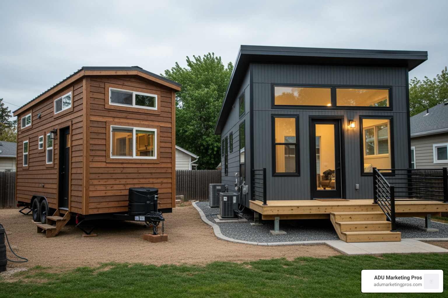 classic tiny home on wheels contrasted with a modern ADU - Tiny house ADU