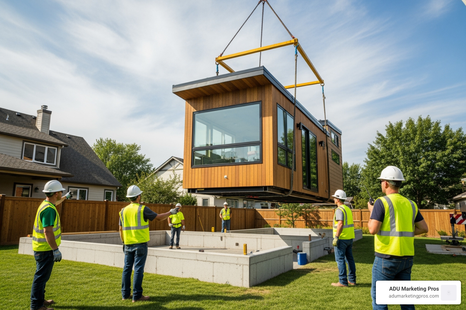 prefabricated tiny home being lowered onto a concrete foundation - Tiny house ADU