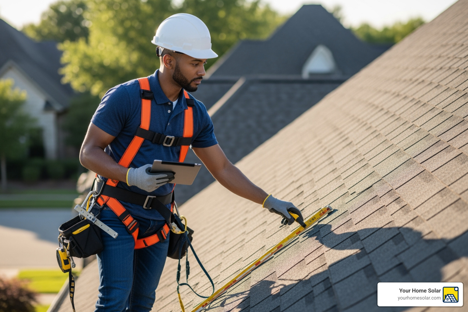solar professional assessing a roof for suitability - residential solar power systems installation solar professional assessing a roof for suitability - residential solar power systems installation